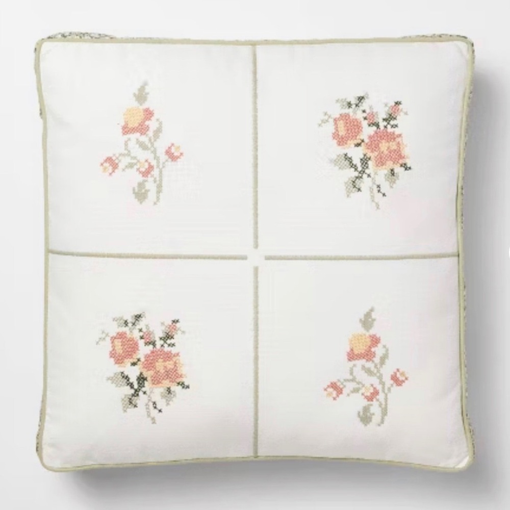 Square Cross-Stitched Floral Pillow with Printed Green/Pink - Threshold